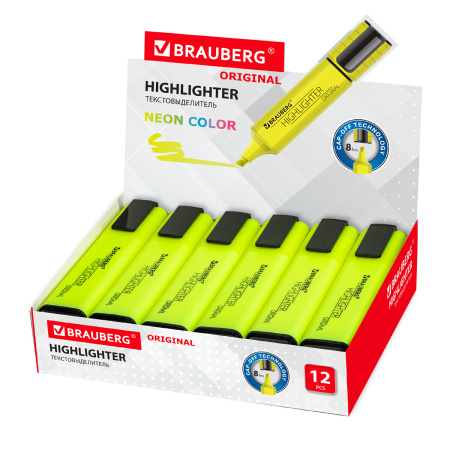 Текстовыделитель BRAUBERG "ORIGINAL NEON", ЖЕЛТЫЙ, линия письма 1-5 мм, 152211 - Текстовыделители