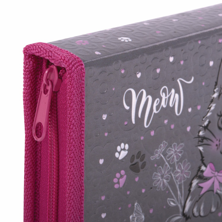 Пенал ЮНЛАНДИЯ, 1 отделение, металлизированный картон, конгрев, 19х11 см, "Meow", 271103 - Пеналы каркасные