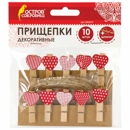 Прищепки декоративные "Сердечки", 10 штук, 3,5 см, ассорти, со шпагатом, ОСТРОВ СОКРОВИЩ, 662674 - Прищепки для творчества