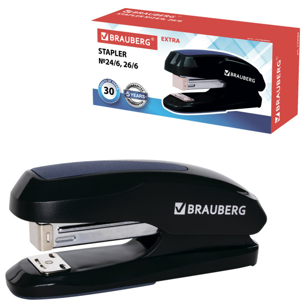 Степлер №24/6, 26/6 BRAUBERG "Extra", до 30 листов, черно-синий, 229084 - Степлеры настольные