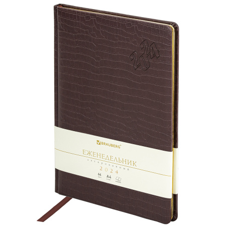 Еженедельник датированный 2024 БОЛЬШОЙ ФОРМАТ А4 210х297 мм, BRAUBERG "Comodo", под кожу, коричневый, 115008 - Еженедельники