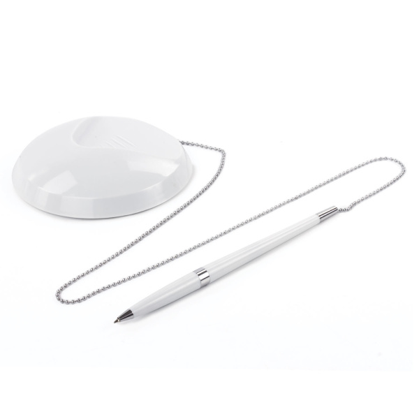 Ручка шариковая настольная BRAUBERG "Стенд-Пен Уайт2", СИНЯЯ, цепочка, корпус белый, линия письма 0,5 мм, 141348 - Ручки шариковые на подставке