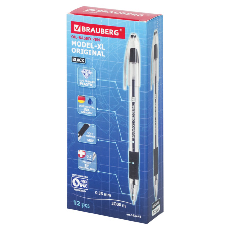 Ручка шариковая масляная с грипом BRAUBERG "Model-XL" ORIGINAL, ЧЕРНАЯ, узел 0,7 мм, линия письма 0,35 мм, 143243 - Ручки шариковые неавтоматические