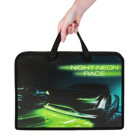 Папка на молнии с ручками ЮНЛАНДИЯ А4, 1 отделение, пластик, ширина 45 мм, "Neon race", 270950 - Папки-сумки с ручками