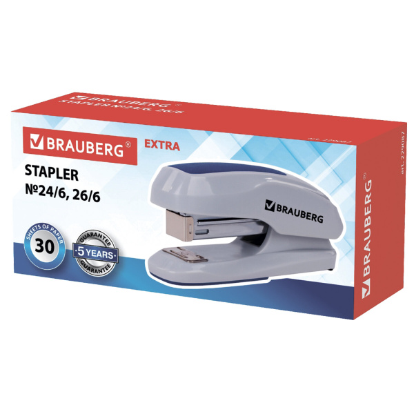 Степлер №24/6, 26/6 BRAUBERG "Extra", до 30 листов, серо-синий, 229087 - Степлеры настольные