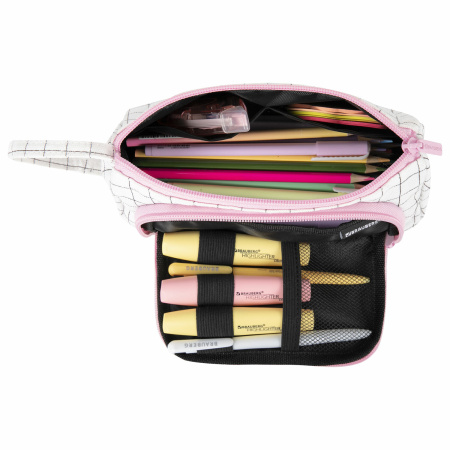 Пенал-косметичка BRAUBERG с ручкой, 1 откидная планка, полиэстер, 22x10х8 см, "Checkered white", 271558 - Пеналы мягкие