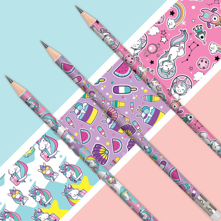 Карандаш чернографитный ЮНЛАНДИЯ "ЕДИНОРОГИ", 1 шт., HB, с ластиком, корпус ассорти, 181780 - Карандаши чернографитные