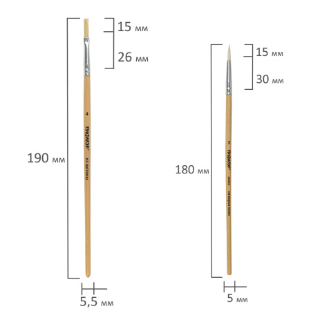 Кисти ПИФАГОР, набор 5 шт. (ПОНИ: круглые № 1, 4; КОЗА: круглые № 3, 6; ЩЕТИНА: плоская № 4), пакет с европодвесом, 200892 - Кисти для рисования