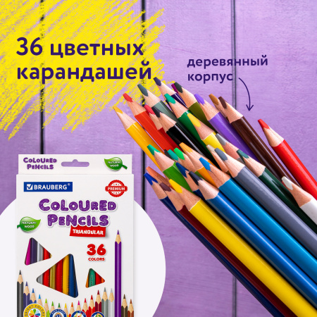Карандаши цветные BRAUBERG PREMIUM, 36 цветов, трехгранные, грифель мягкий 3,3 мм, 181654 - Карандаши цветные
