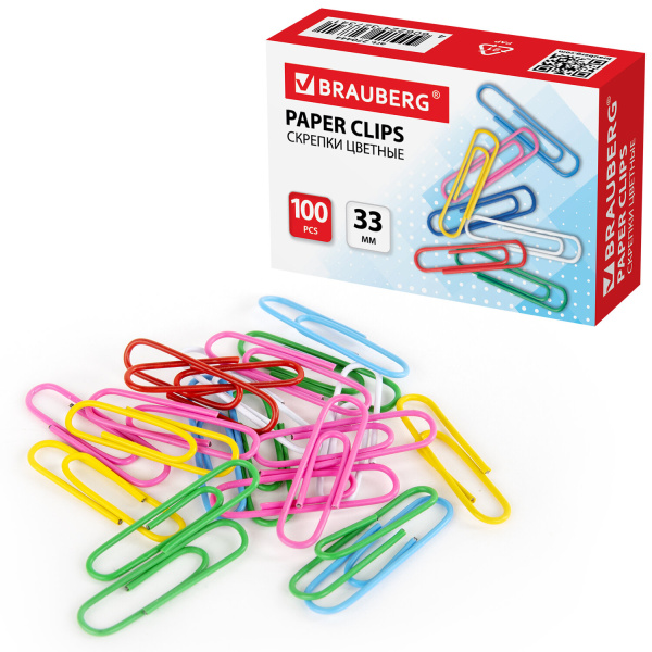 Скрепки BRAUBERG, 33 мм, цветные, 100 шт., в картонной коробке, 270444 - Скрепки канцелярские