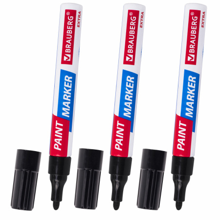 Маркер-краска лаковый EXTRA (paint marker) 4 мм, ЧЕРНЫЕ, НАБОР 3 шт., УСИЛЕННАЯ НИТРО-ОСНОВА, BRAUBERG, 151999 - Маркеры-краски лаковые