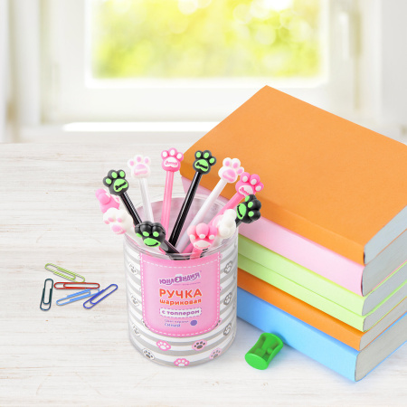 Ручка с топпером шариковая ЮНЛАНДИЯ "Лапка", корпус ассорти, СИНЯЯ, пишущий узел 0,7 мм, 143784 - Ручки фигурные