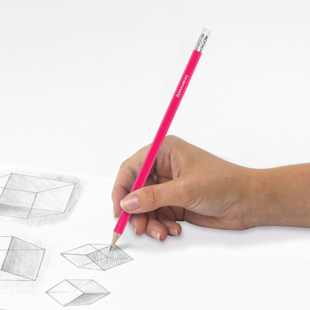 Карандаш чернографитный BRAUBERG, 1 шт., "Fluor", НВ, с ластиком, корпус неоновый ассорти, заточенный, 180613 - Карандаши чернографитные