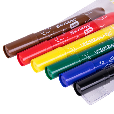 Фломастеры смываемые детские, противоударный наконечник, 6 цветов, BRAUBERG KIDS, ПВХ-упаковка с европодвесом, 152178 - Фломастеры классические