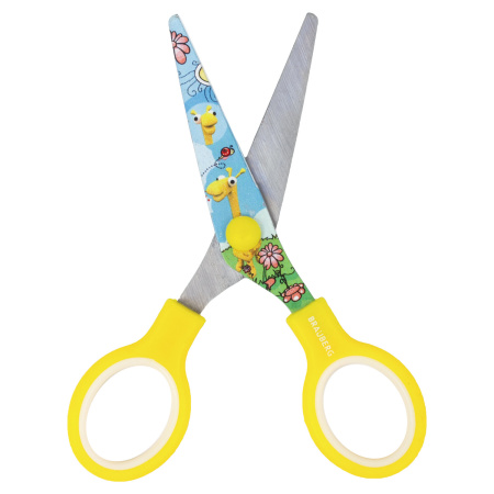 Ножницы BRAUBERG "Kid Series", 130 мм, жёлтые, с цветной печатью "Жирафы", закругленные, 232269 - Ножницы детские
