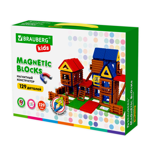 Магнитный конструктор MEGA MAGNETIC BUILD BLOCKS-129 "Построй дом", 129 деталей, BRAUBERG KIDS, 663850 - Магнитный конструктор
