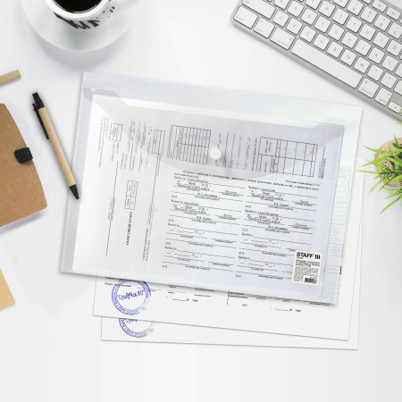 Папка-конверт с кнопкой STAFF, А4, до 100 листов, прозрачная, 0,12 мм, 225173 - Папки-конверты с кнопкой