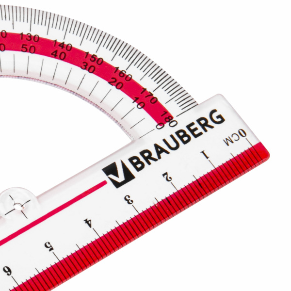 Транспортир 10 см, 180 градусов, пластиковый, BRAUBERG "Crystal", прозрачный, с выделенной шкалой, подвес, 210292 - Транспортиры