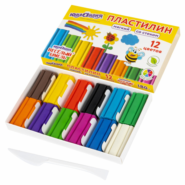 Пластилин мягкий ЮНЛАНДИЯ "ВЕСЕЛЫЙ ШМЕЛЬ", 12 цветов, 180 г, СО СТЕКОМ, 106672 - Пластилин