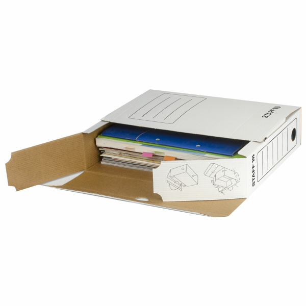 Короб архивный с клапаном А4 (260х325 мм), 75 мм, до 700 листов, микрогофрокартон, БЕЛЫЙ, STAFF, 128858 - Короба архивные