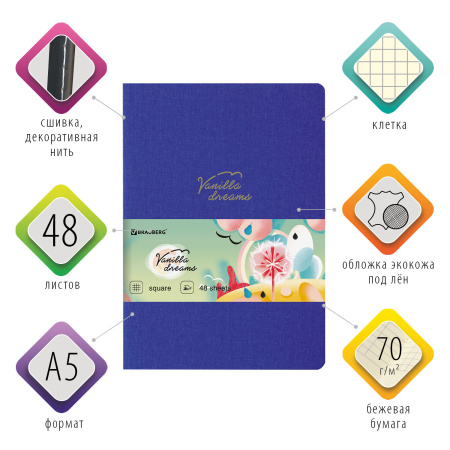 Тетрадь 48 л. в клетку обложка кожзам под лён, сшивка, A5 (147х210мм), СИНИЙ, BRAUBERG PASTEL, 403872 - Тетради 40-48 листов
