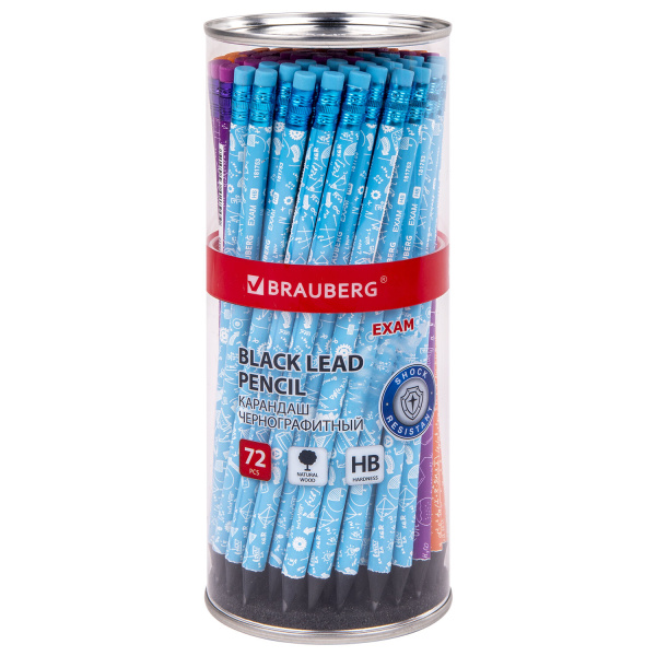 Карандаш чернографитный BRAUBERG "EXAM", 1 шт., HB, с ластиком, корпус ассорти, 181753 - Карандаши чернографитные