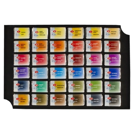 Набор акварельных художественных красок "Белые Ночи" 24 цвета в кюветах 2,5 мл с фарфоровой палитрой и кистями в синем деревянном пенале - Акварель художественная в наборах