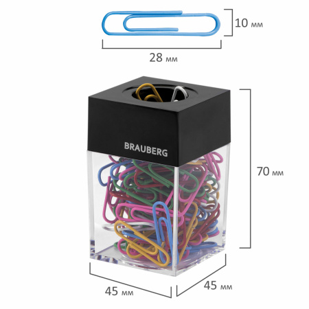 Скрепочница магнитная BRAUBERG со 100 цветными скрепками 28 мм, прозрачный корпус, 228401 - Диспенсеры для скрепок