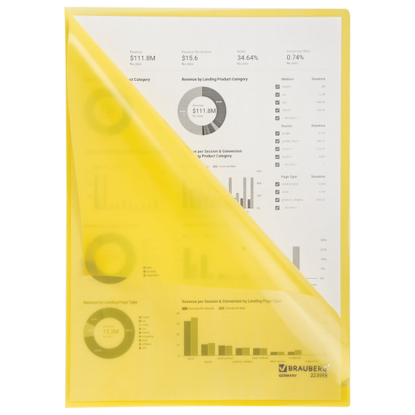 Папка-уголок жесткая BRAUBERG, желтая, 0,15 мм, 223968 - Папки-уголки пластиковые