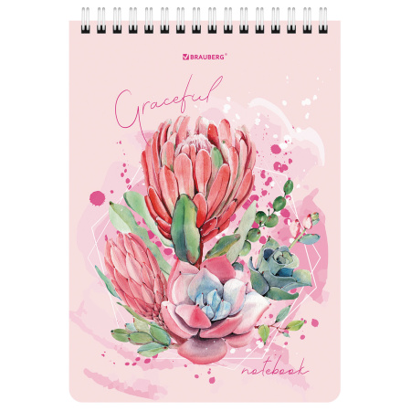 Блокнот А5 (146х206 мм), 60 л., гребень, картон, жесткая подложка, клетка, BRAUBERG, "Суккуленты", 114368 - Блокноты