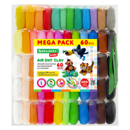Пластилин супер легкий воздушный 60 штук (36 цветов + 12х2 базовых), 600 г, 3 стека, ЮНЛАНДИЯ, 106981
