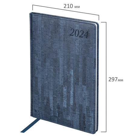 Еженедельник датированный 2024 БОЛЬШОЙ ФОРМАТ А4 210х297 мм, BRAUBERG "Wood", под кожу, синий, 115011 - Еженедельники