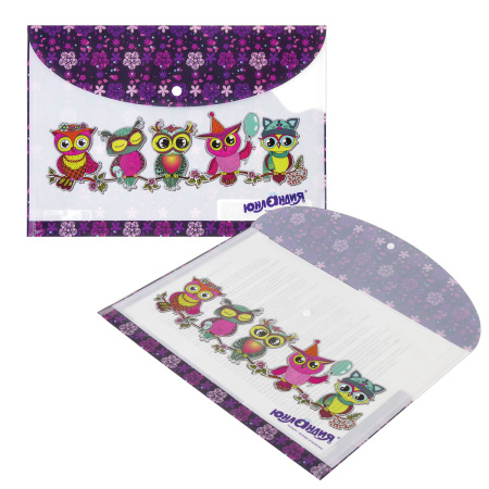 Папка-конверт с кнопкой ЮНЛАНДИЯ "Умные совы", А4, 160 мкм, до 100 листов, цветная печать, 228047 - Папки-конверты с кнопкой