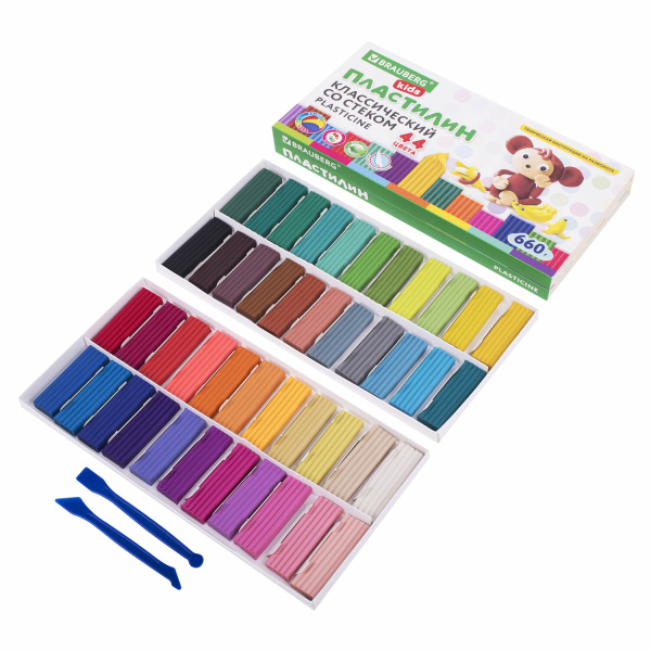 Пластилин классический BRAUBERG KIDS, 44 цвета, 660 грамм, стек, ВЫСШЕЕ КАЧЕСТВО, 106679 - Пластилин