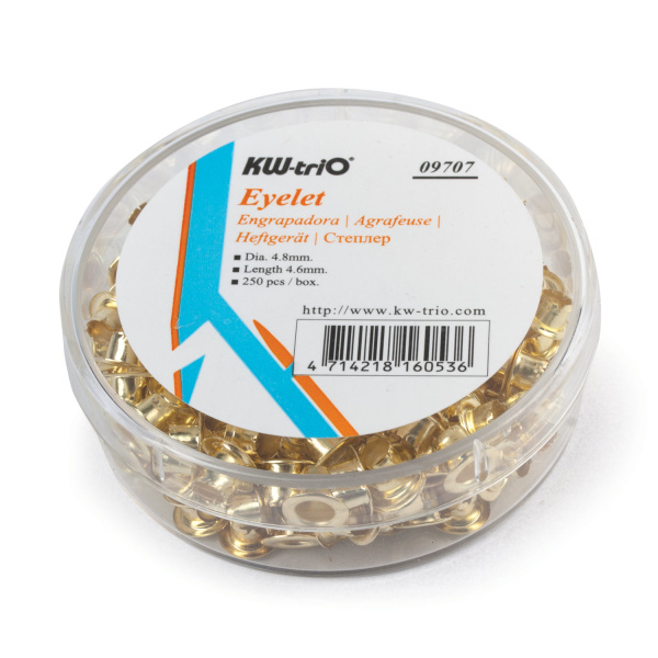 Люверсы омедненные KW-trio, комплект 250 шт., внутренний диаметр 4,8 мм, длина 4,6 мм, цвет золото, 9707, -9707 - Комплектующие к дыроколам