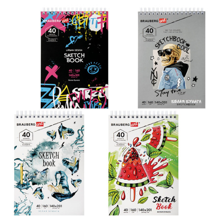 Скетчбук, белая бумага 160 г/м2, 140х201 мм, 40 л., гребень, жесткая подложка, BRAUBERG ART, ассорти, 115071 - Альбомы, скетчбуки и бумага для графики и эскизов