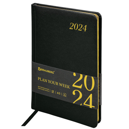 Еженедельник датированный 2024 А5 145х215 мм, BRAUBERG "Iguana", под кожу, черный, 115024 - Еженедельники