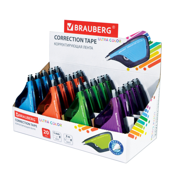 Корректирующая лента BRAUBERG ULTRA COLOR, 5 мм х 8 м, корпус ассорти, дисплей, 229065 - Корректирующие ленты