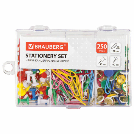 Набор BRAUBERG, скрепки цветные 28 мм/100 шт., кнопки канцелярские 100 шт., силовые кнопки 50 шт., 229675 - Наборы канцелярских мелочей