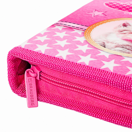 Пенал BRAUBERG, 1 отделение, 1 откидная планка, полиэстер, 21х14 см, "Happy kitten", 270308 - Пеналы каркасные