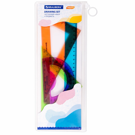 Набор чертежный большой BRAUBERG "FRUITY" (линейка 30 см, 2 треугольника, транспортир), ассорти, пенал, 210772 - Наборы чертежные