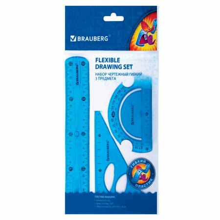 Набор чертежный средний гибкий BRAUBERG "FLEX" (линейка 20 см, треугольник, транспортир), ассорти, 210679 - Наборы чертежные