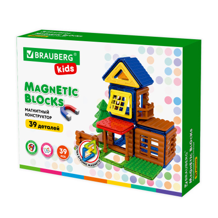 Магнитный конструктор MAGNETIC BUILD BLOCKS-39 "Построй дом", 39 деталей, BRAUBERG KIDS, 663849 - Магнитный конструктор