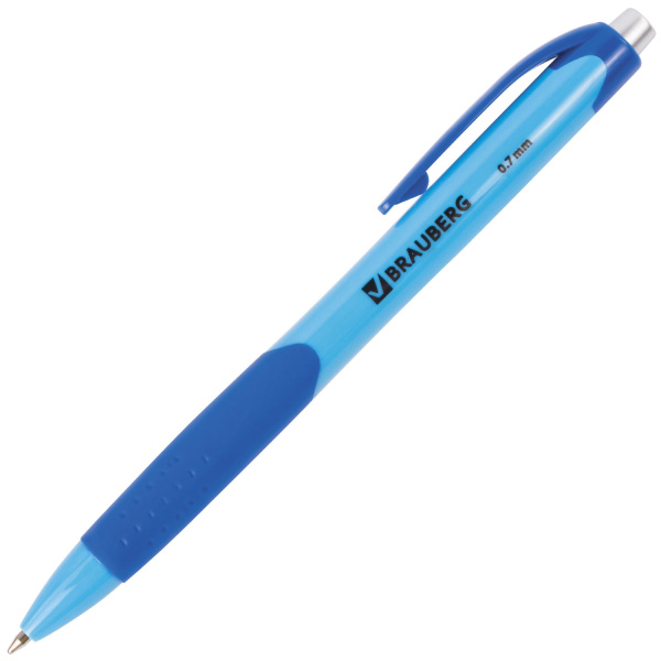 Ручка шариковая автоматическая с грипом BRAUBERG "Juicy", СИНЯЯ, корпус ассорти, узел 0,7 мм, линия письма 0,35 мм, 141546 - Ручки шариковые автоматические