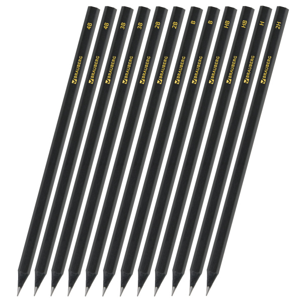 Карандаши чернографитные BRAUBERG НАБОР 12 шт., "Black Jack", 2Н-4В, без резинки, черные, дерево, заточенные, 180620 - Карандаши чернографитные