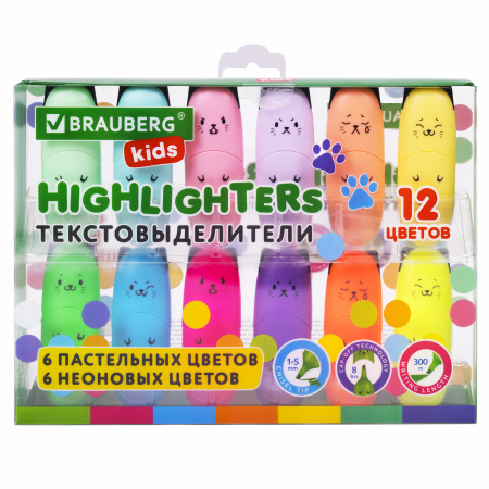 Набор текстовыделителей мини 12 ЦВЕТОВ BRAUBERG KIDS "CUTE CATS", линия 1-5 мм, 152437 - Текстовыделители