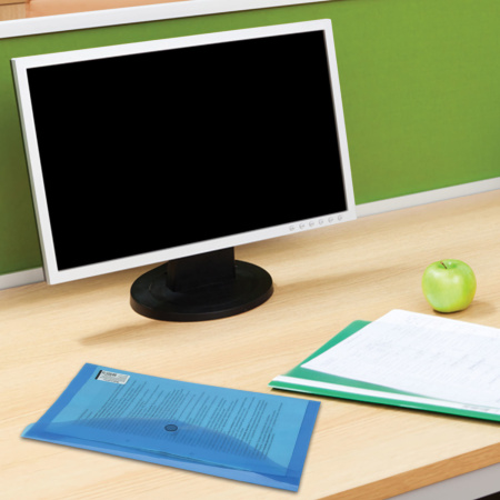 Папка-конверт с кнопкой BRAUBERG, А4, до 100 листов, прозрачная, синяя, 0,15 мм, 221637 - Папки-конверты с кнопкой