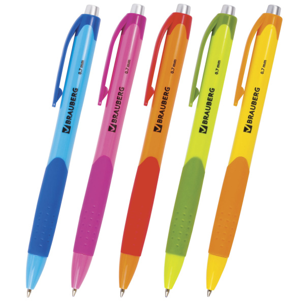 Ручка шариковая автоматическая с грипом BRAUBERG "Juicy", СИНЯЯ, корпус ассорти, узел 0,7 мм, линия письма 0,35 мм, 141546 - Ручки шариковые автоматические