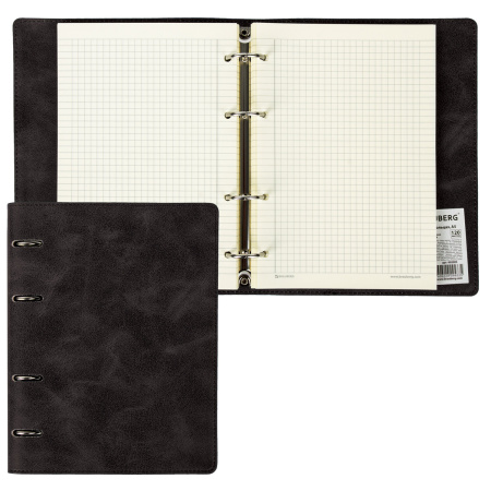 Тетрадь на кольцах А5 (180х220 мм), 120 листов, под кожу, клетка, BRAUBERG "Main", черный, 402004 - Тетради на кольцах и сменные блоки к ним