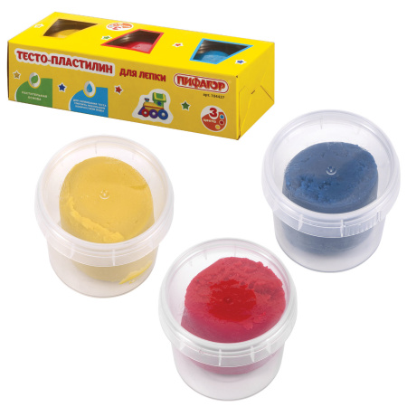 Пластилин на растительной основе (тесто для лепки) ПИФАГОР, 3 цвета, 270 г, картонный рукав, 104437 - Пластилин